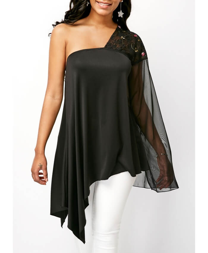 Asymmetric Hem One Shoulder Long Sleeve Blouse